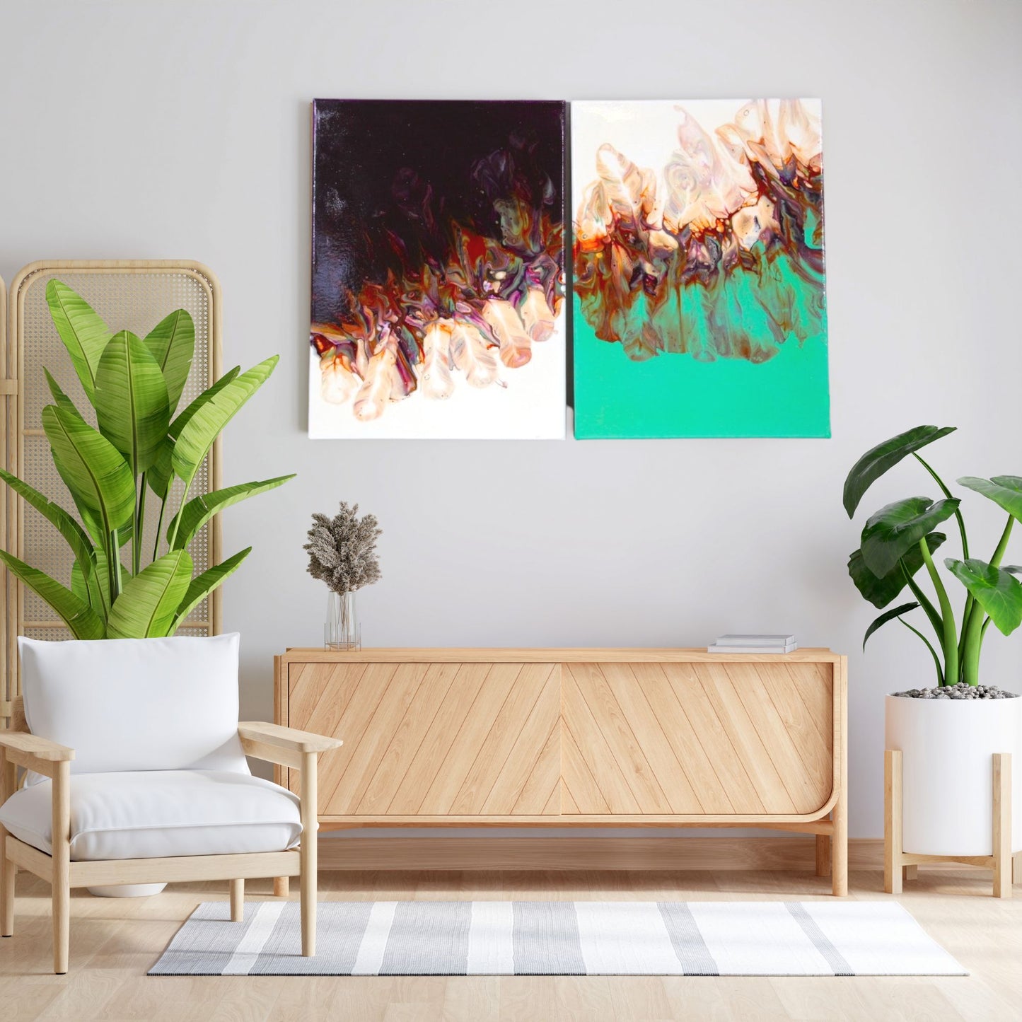 Dancing Feathers - 16x40 Set Abstract Acrylic Dutch Pour Painting