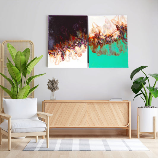 Dancing Feathers - 16x40 Set Abstract Acrylic Dutch Pour Painting